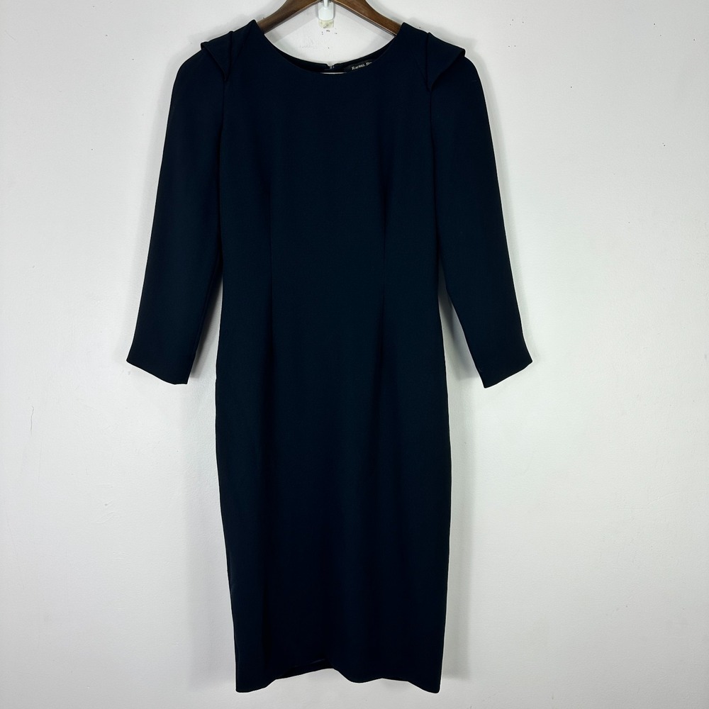 Rachel Roy Sheath Dress Womens 2 Navy Blue Ruffle Back 3/4 Sleeve Career Event